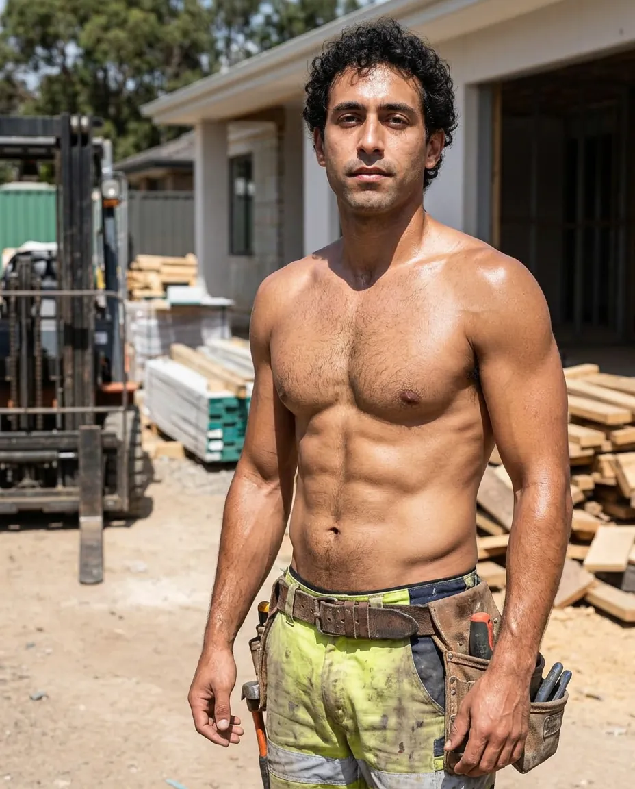 The same bloke transformed into an Australian tradie calendar shot