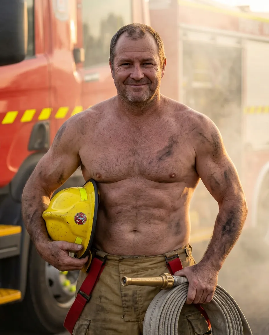 An Aussie bloke transformed into a firefighter for his personalised Bloody Legend 2027 calendar