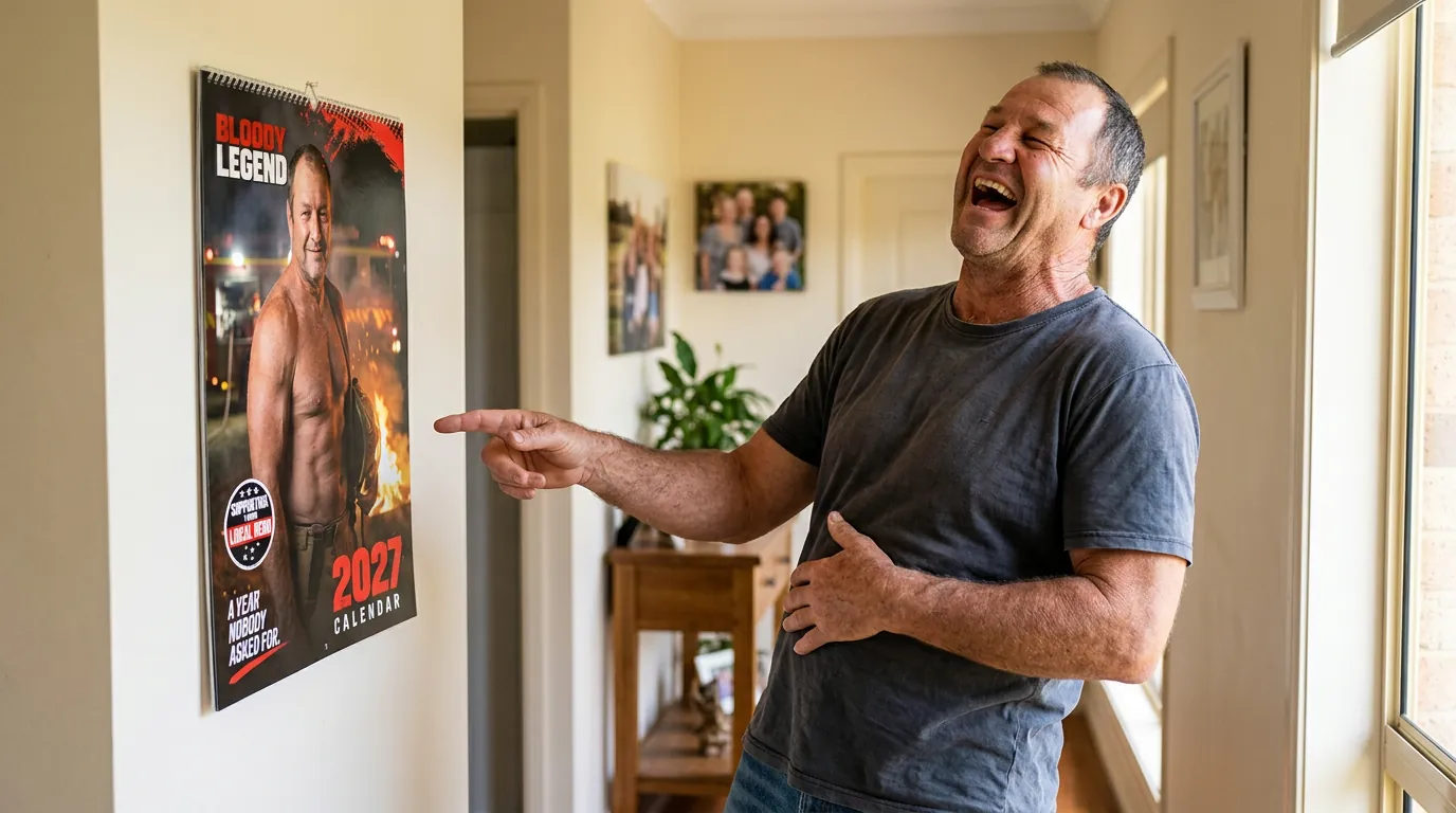 Aussie bloke laughing at his own Bloody Legend 2027 calendar hanging on the wall