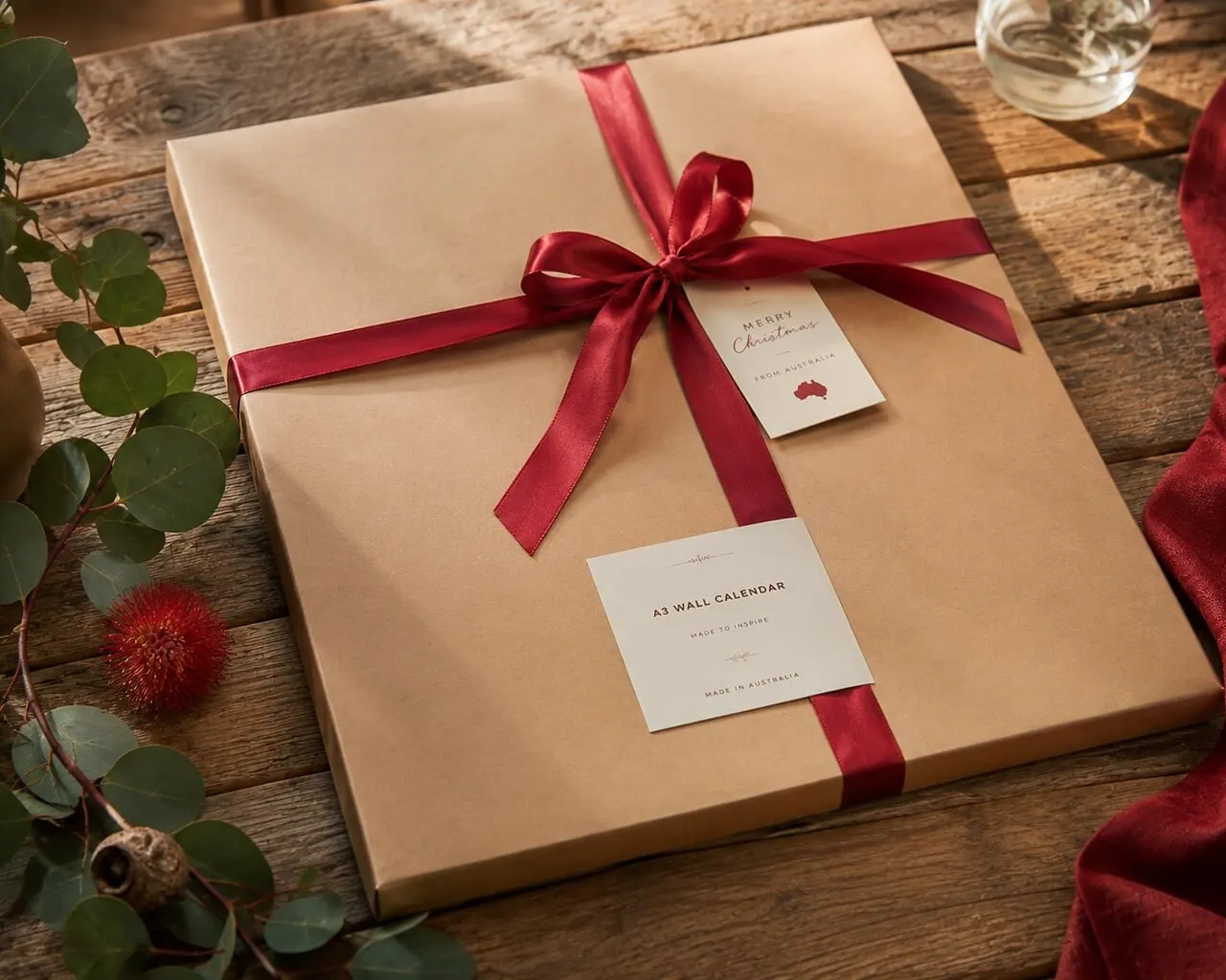 Flat gift wrapped in kraft paper with a red ribbon
